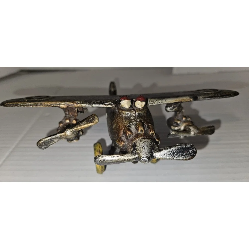 1930's 40's Vintage Toy Metal Cast Iron Propeller Plane Airplane Silver‎